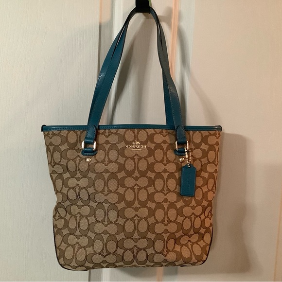 Coach | Outline Signature Zip Top Tote Teal Turquoise - Picture 2 of 4